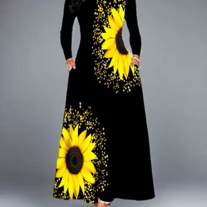 Elegant Sunflower Print V-neck Maxi Dress for Women