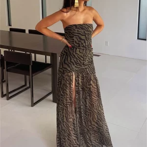 Elegant Tiger Stripe Leopard Print Maxi Dress for Women