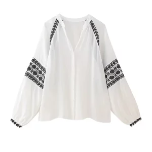 Elegant V-neck Embroidered Women's Blouse | Lantern Sleeve | 2024 Spring Summer Fashion Top