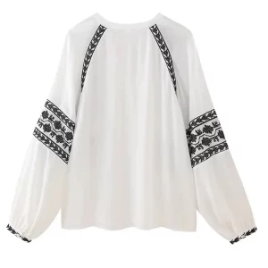 Elegant V-neck Embroidered Women's Blouse | Lantern Sleeve | 2024 Spring Summer Fashion Top