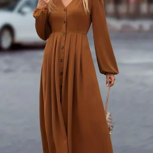 Elegant V-Neck Lantern Sleeve Dress, Button-Front Women's Apparel