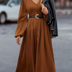 Elegant V-Neck Lantern Sleeve Dress, Button-Front Women's Apparel