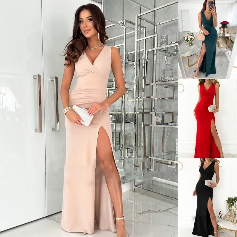 Elegant V-neck Sleeveless Split Dress for Women