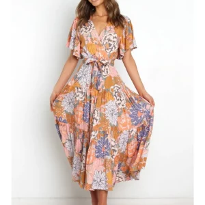 Elegant V-Neck Summer Dress with Bohemian Print