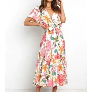 Elegant V-Neck Summer Dress with Bohemian Print