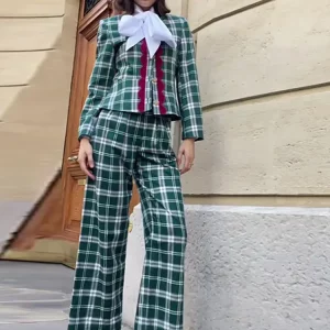 Elegant Velour Plaid Women's Trouser Suit Set