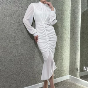 Elegant White Bodycon Midi Dress with Stand Collar & Ruched Waist