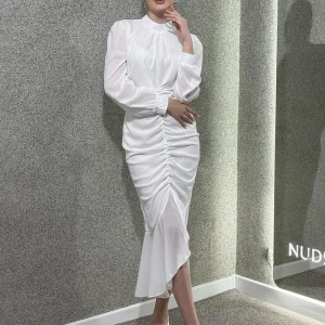 Elegant White Bodycon Midi Dress with Stand Collar & Ruched Waist