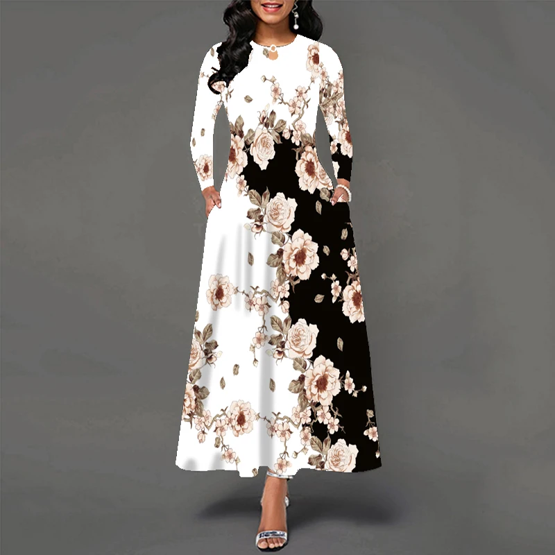 Elegant White Floral Print Long Sleeve V-Neck Dress