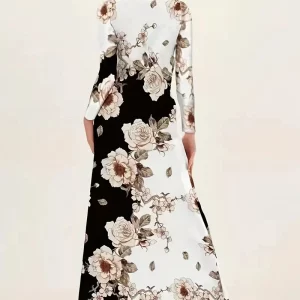 Elegant White Floral Print Long Sleeve V-Neck Dress