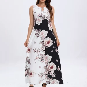 Elegant White Floral Print Sleeveless Summer Dress for Women