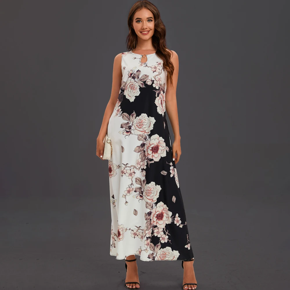 Elegant White Floral Print Sleeveless Summer Dress for Women