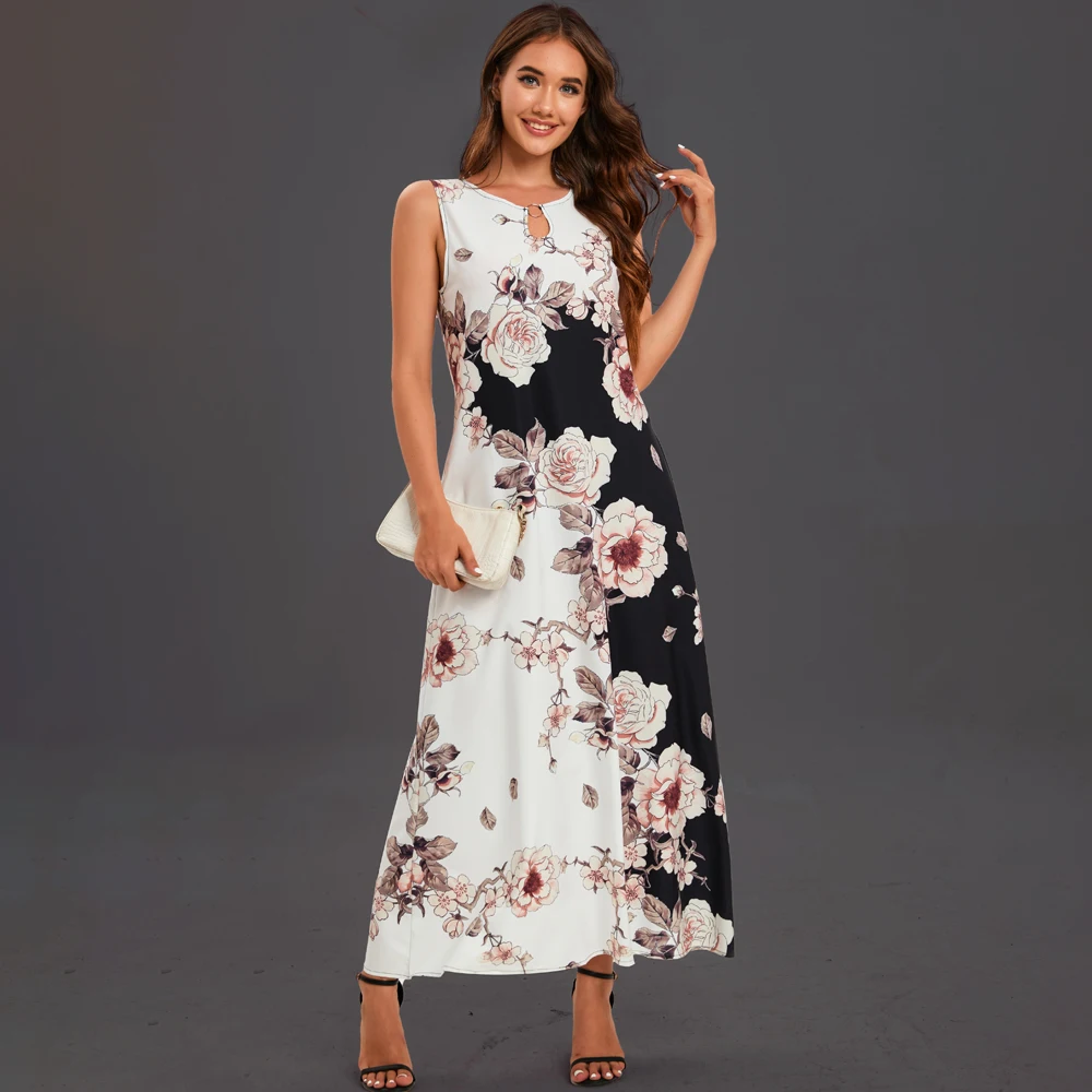 Elegant White Floral Print Sleeveless Summer Dress for Women