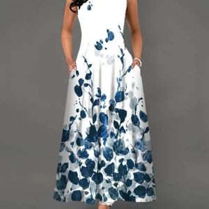 Elegant White Floral Print Sleeveless V-Neck Summer Dress