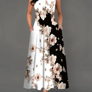 Elegant White Floral Print Sleeveless V-Neck Summer Dress