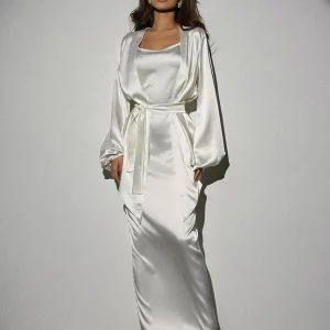 Elegant White Satin Bodycon Dress Set with Long Sleeve Robe