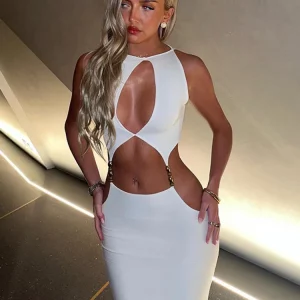 Elegant White Sleeveless Maxi Dress for Women - Sexy Hollow Out Split Bodycon Club Party Dress