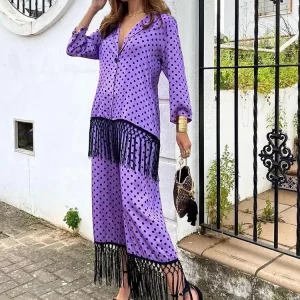 Elegant Women Tassel Shirt Set with High Waist Pants - 2024 Spring Fashion Outfit