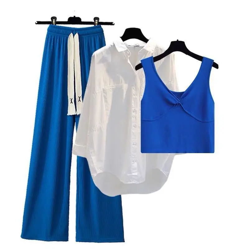 Elegant Women's 3-Piece Suit Set: White Shirt, Blue Vest, Wide Leg Pants