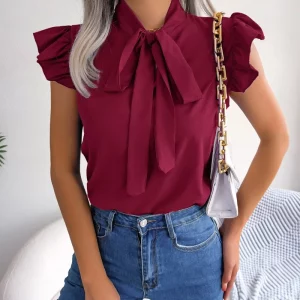 Elegant Women's Summer Office Shirt with Bowknot Ruffles