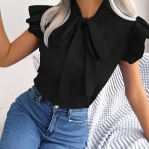 Elegant Women's Summer Office Shirt with Bowknot Ruffles