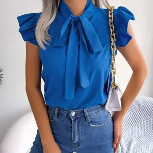 Elegant Women's Summer Office Shirt with Bowknot Ruffles