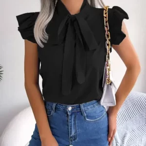 Elegant Women's Summer Office Shirt with Bowknot Ruffles