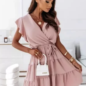 Elegant Women's V-neck A-line Dress, Short Sleeve