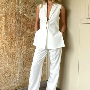 Elegant Women's V-Neck Sleeveless Pants Suit with Single-Breasted Coat