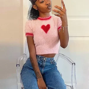 Embroidered Pink Knit Sweater Women's Hipster Crop Top - 2024 Spring Fashion Streetwear