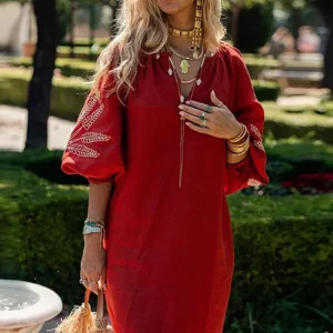 Embroidered V-Neck Lantern Sleeve Dress | Spring/Summer 2024 Women's Fashion