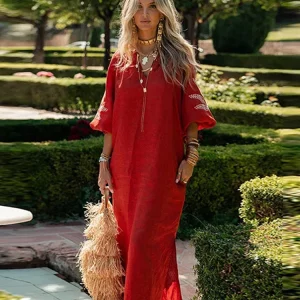 Embroidered V-Neck Lantern Sleeve Dress | Spring/Summer 2024 Women's Fashion