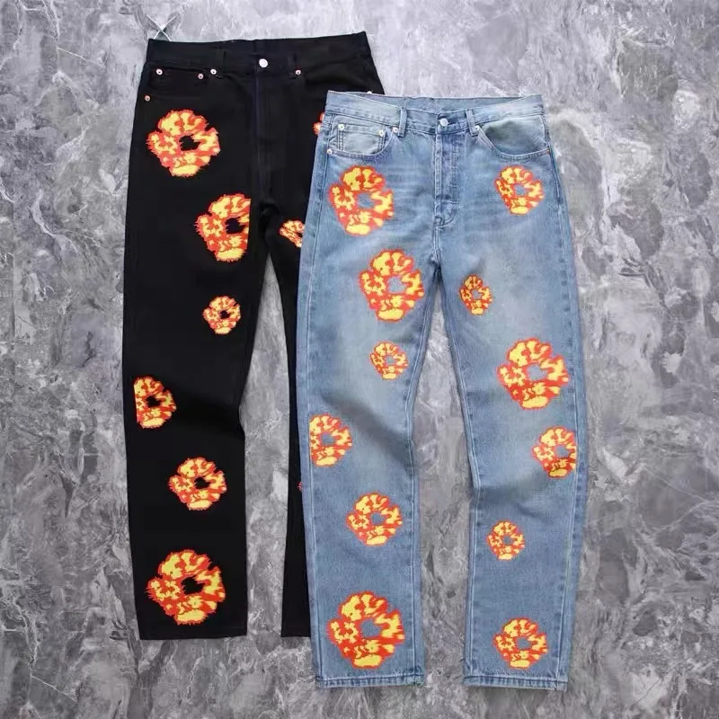 European & American Hip-hop Gothic Street Flame Print Jeans for Men - Straight Leg Traf Trousers