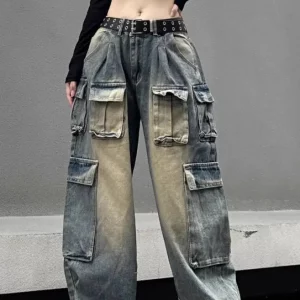 European & American Style Y2K High Waisted Cargo Jeans for Women