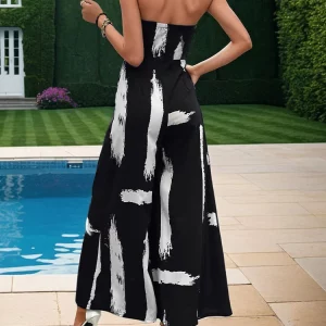 European Printed Strapless Jumpsuit for Women, Summer Vacation Wide Leg Pants