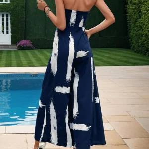 European Printed Strapless Jumpsuit for Women, Summer Vacation Wide Leg Pants