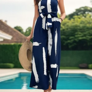 European Printed Strapless Jumpsuit for Women, Summer Vacation Wide Leg Pants