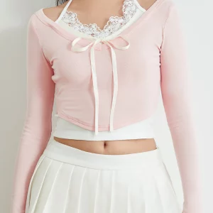 Fairycore 2-Piece T-Shirt Set for Women & Girls: Long Sleeve Crop Tops with Lace Trim Halter Neck