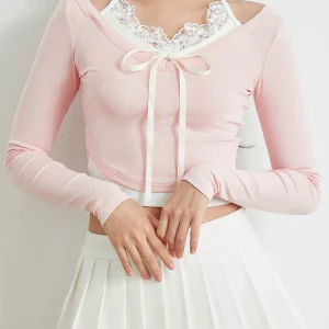 Fairycore 2-Piece T-Shirt Set for Women & Girls: Long Sleeve Crop Tops with Lace Trim Halter Neck