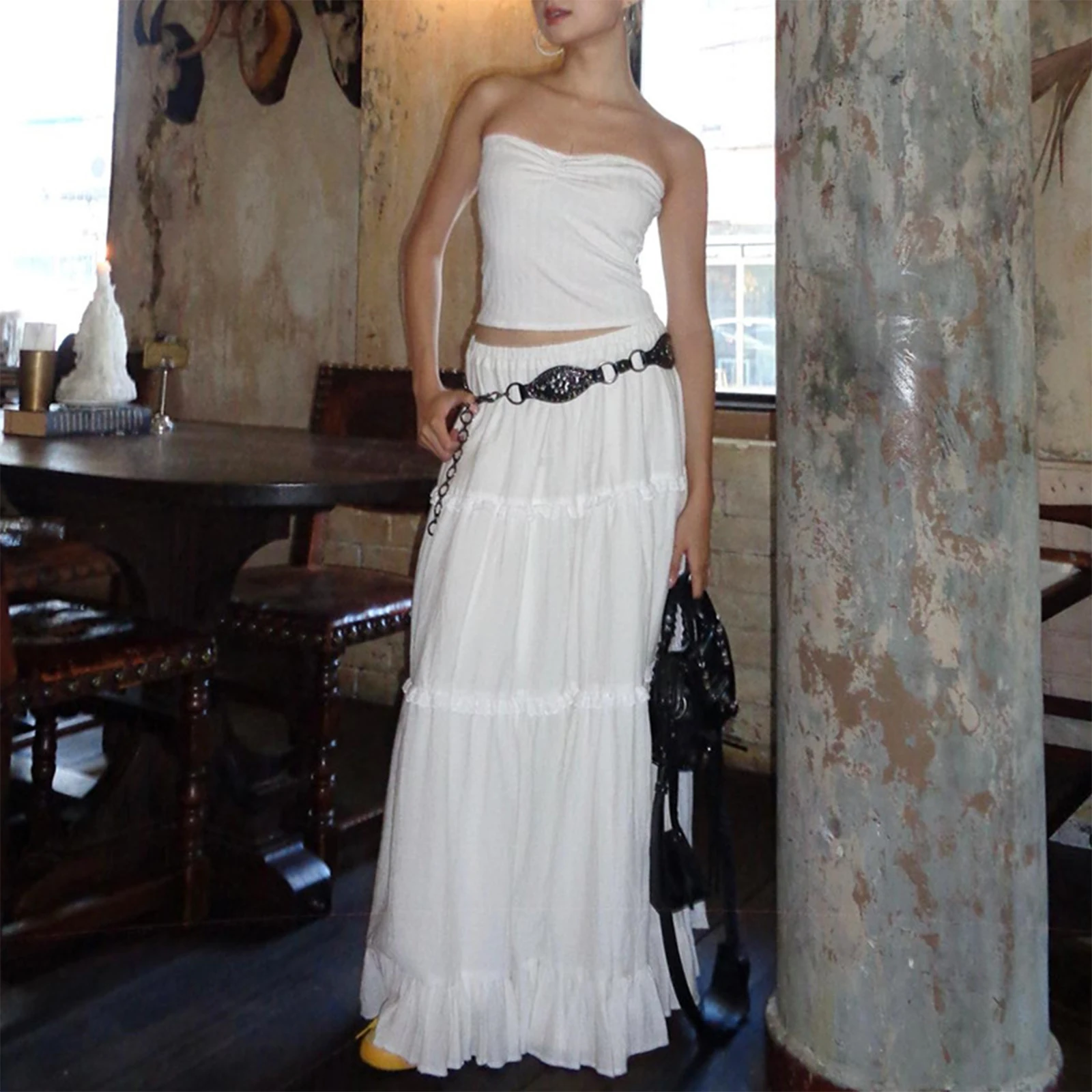 Fairycore White Flowy Hem Long Skirt with Ruffle Lace Trim