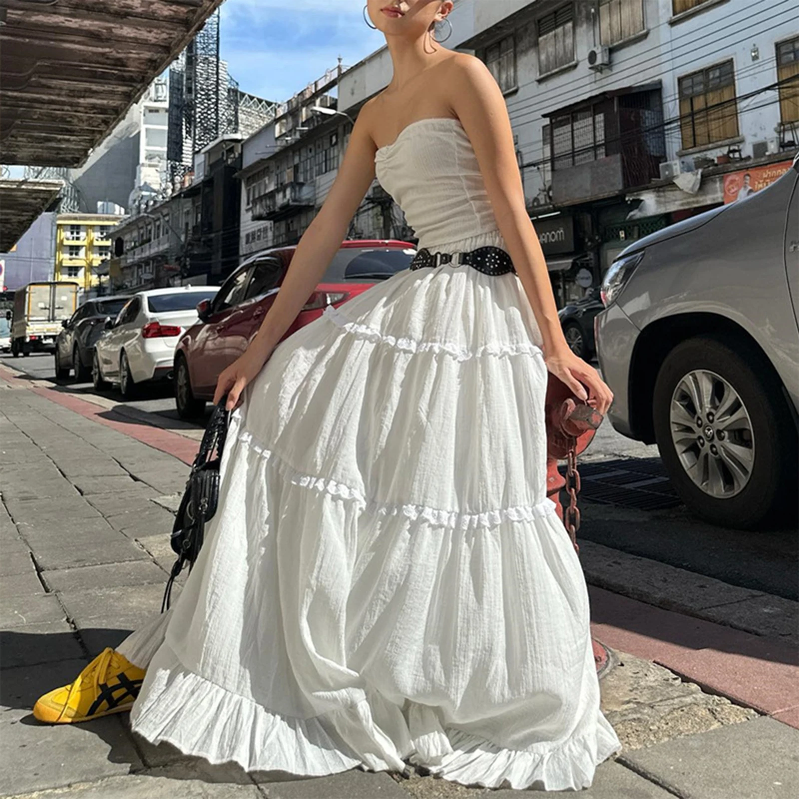 Fairycore White Flowy Hem Long Skirt with Ruffle Lace Trim