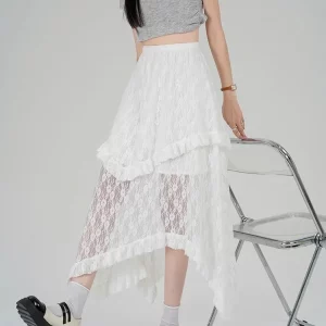 Fairycore White Lace Long Skirt - Korean Vintage Style Aesthetic