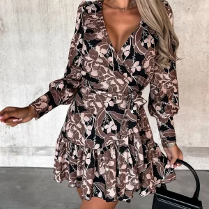 Fashion Long Sleeve Printed Waist Tie Dress for Nightclub Party