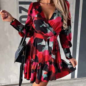 Fashion Long Sleeve Printed Waist Tie Dress for Nightclub Party