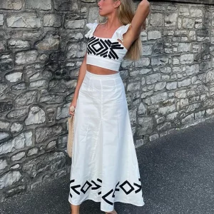 Fashion Print Spaghetti Strap Crop Top Skirt Set - 2024 Spring Summer Beach Outfit