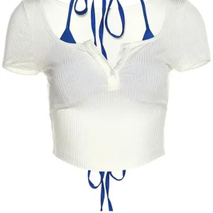 Fashion Square Collar White T-Shirt with Blue Bra - 2024 Summer Streetwear