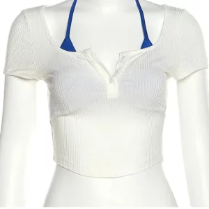 Fashion Square Collar White T-Shirt with Blue Bra - 2024 Summer Streetwear