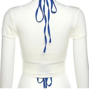 Fashion Square Collar White T-Shirt with Blue Bra - 2024 Summer Streetwear