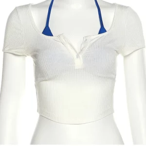 Fashion Square Collar White T-Shirt with Blue Bra - 2024 Summer Streetwear