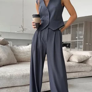 Fashion Women Blazer Wide Leg Pants Set V-neck Single Breasted Vest High Waist Trousers